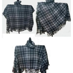 Gray Plaid Fleece Fringed Poncho With Cowl Neck